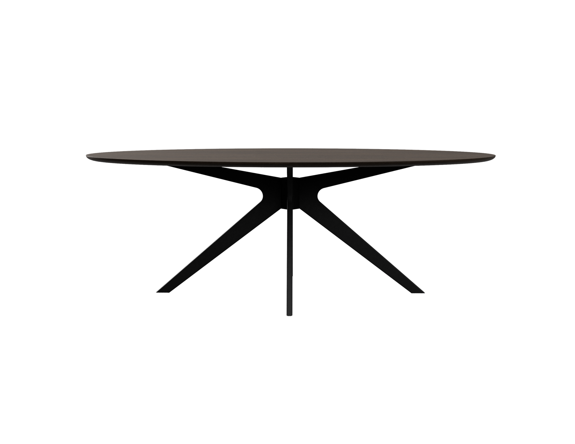 Smoked oak oval dining table with arched frame, showcasing a sleek, elegant design perfect for modern dining spaces.