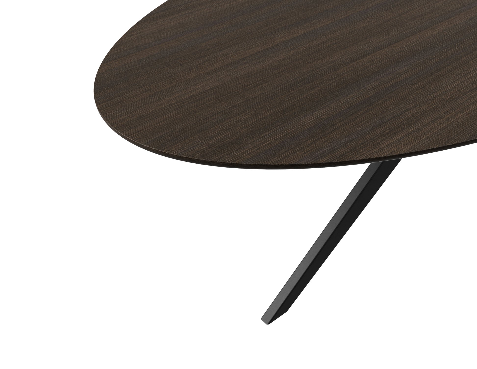 Smoked oval oak dining table with arched frame, featuring a sleek, modern design and smooth wood surface.