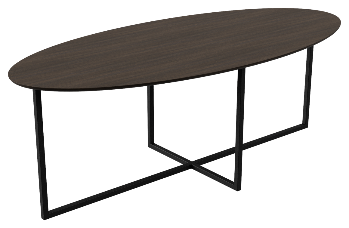 Smoked oval oak dining table with cross frame, showcasing a sleek wooden surface and modern design.