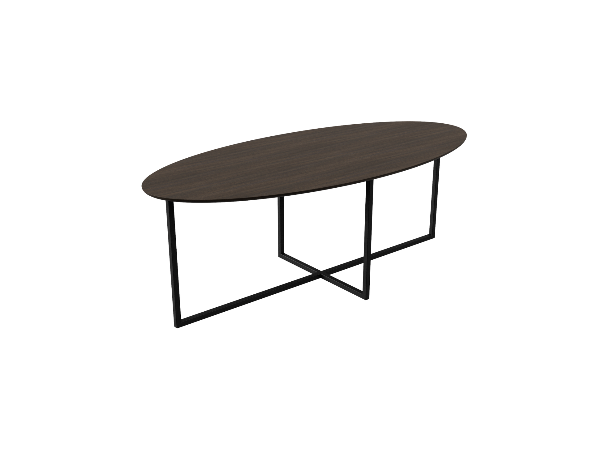 Oval smoked oak dining table with a cross frame, showcasing a sleek and modern design for dining spaces.