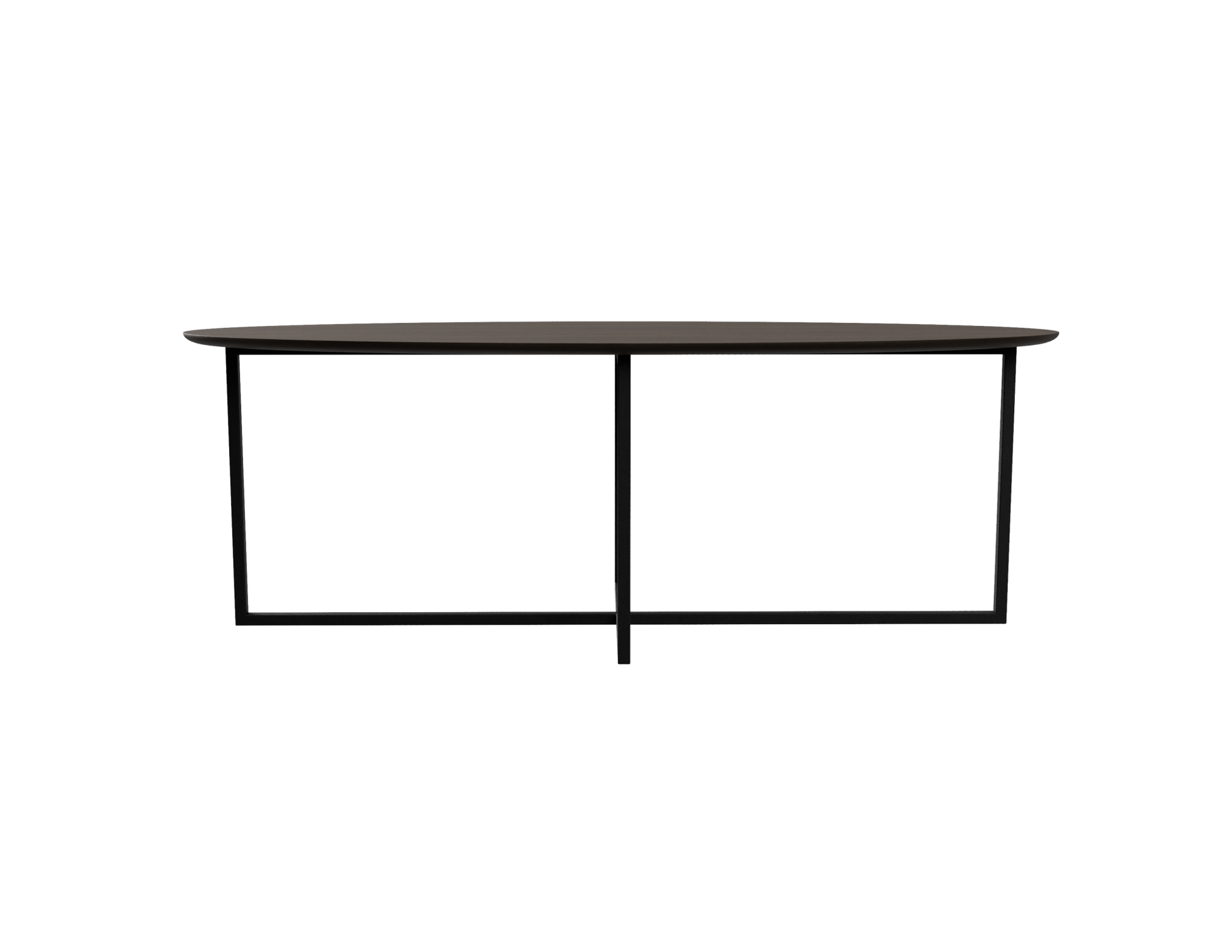 Smoked oval oak dining table with cross frame design, showcasing smooth surface and modern craftsmanship.