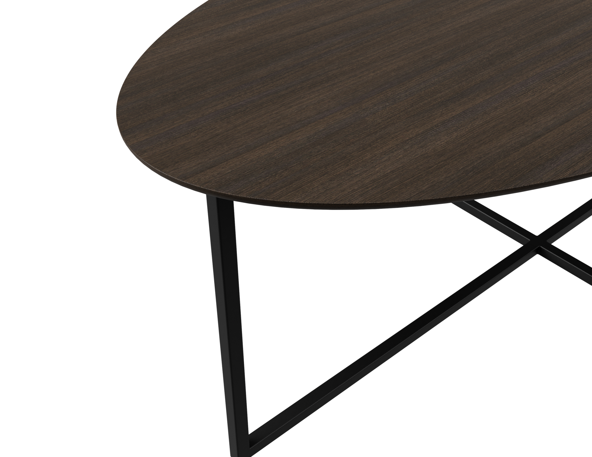 Smoked oval oak dining table with cross frame, showcasing a sleek, modern design perfect for contemporary dining rooms.