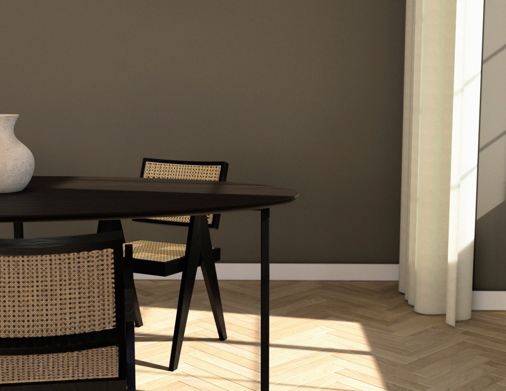 Oval oak dining table with smoked finish and cross frame design, showcasing a sleek and modern dining room setup.