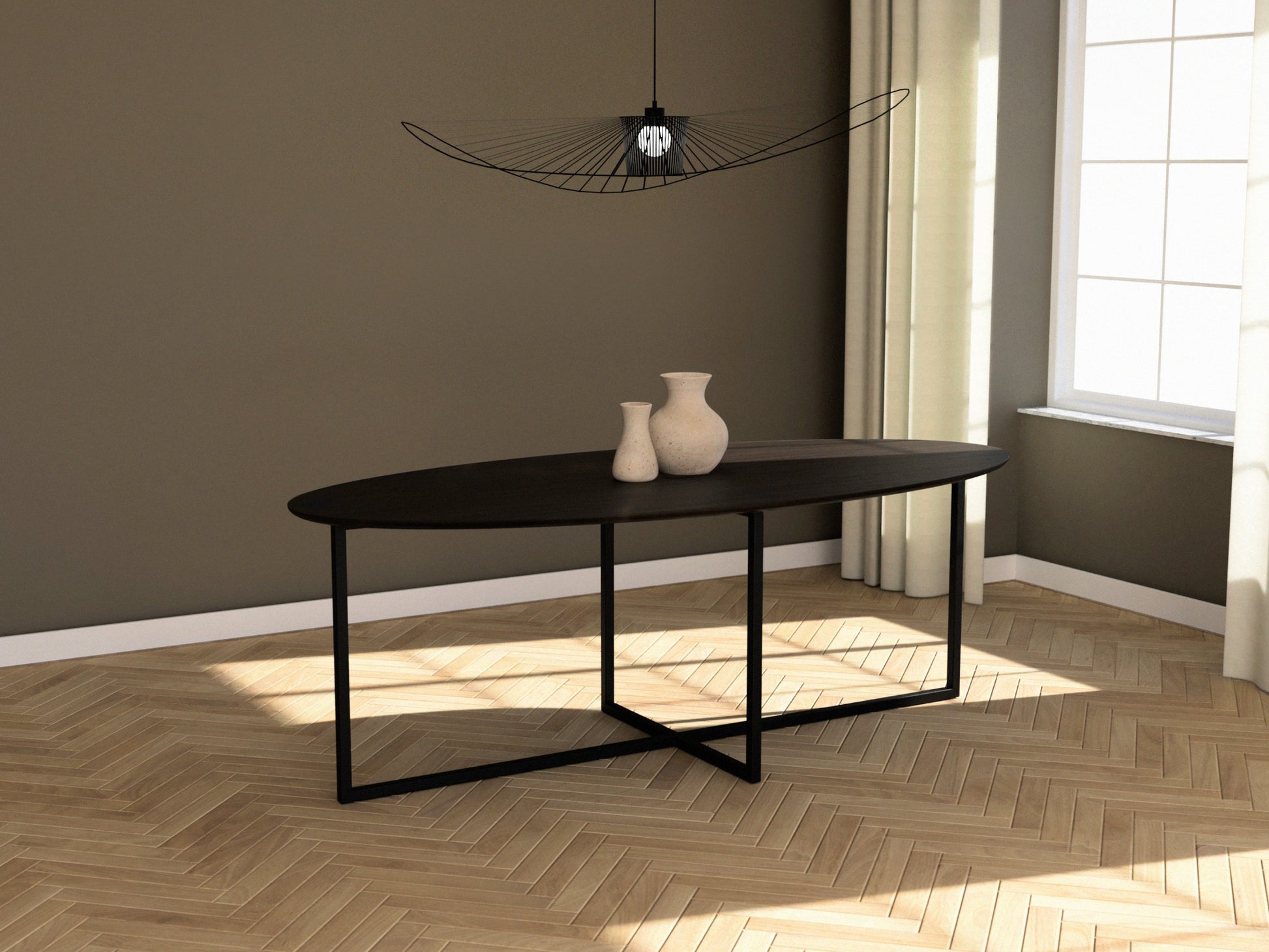 Smoked oak oval dining table with a cross frame design, showcasing a sleek and modern wooden dining surface.