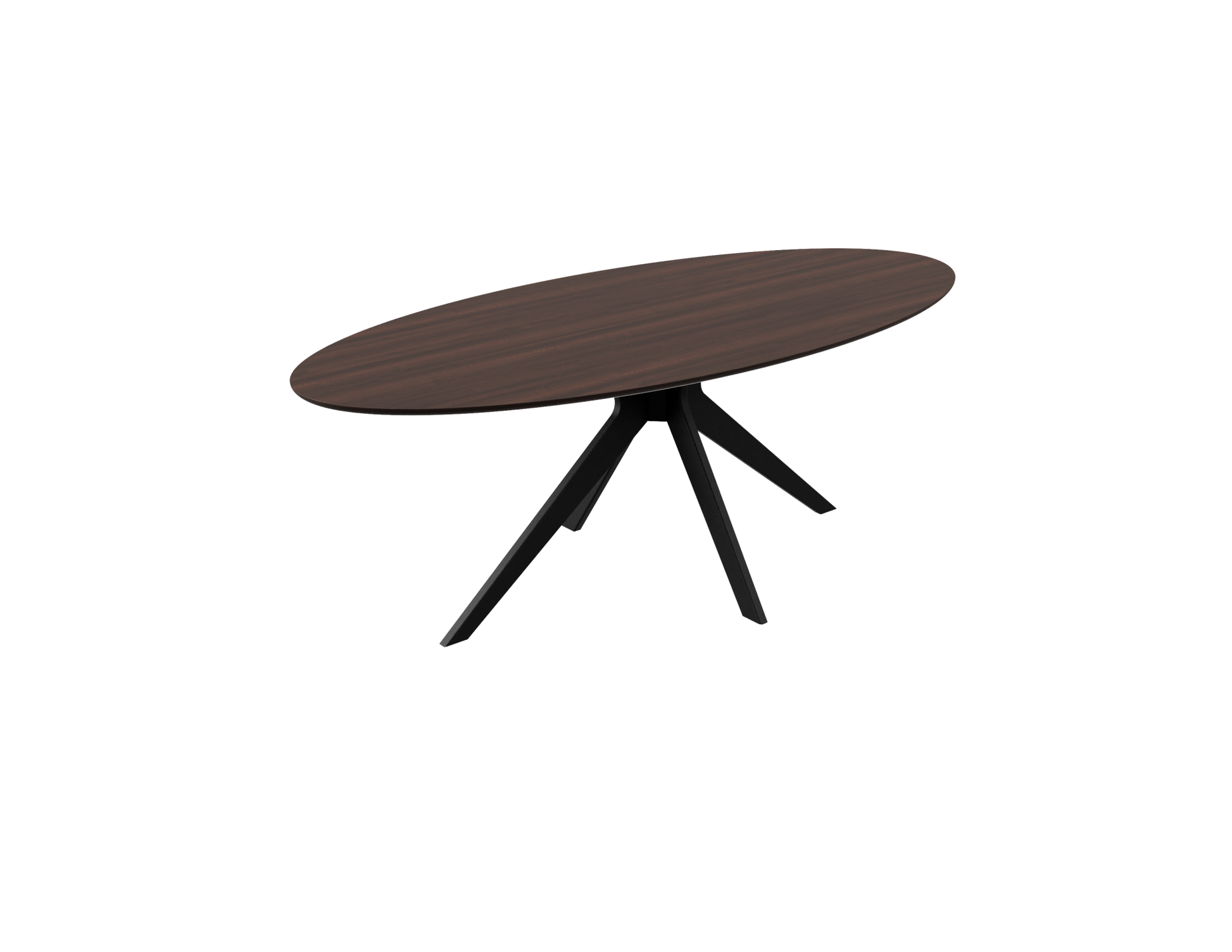 Oval walnut dining table with arched frame, showcasing sleek wood finish and modern design for contemporary dining spaces.