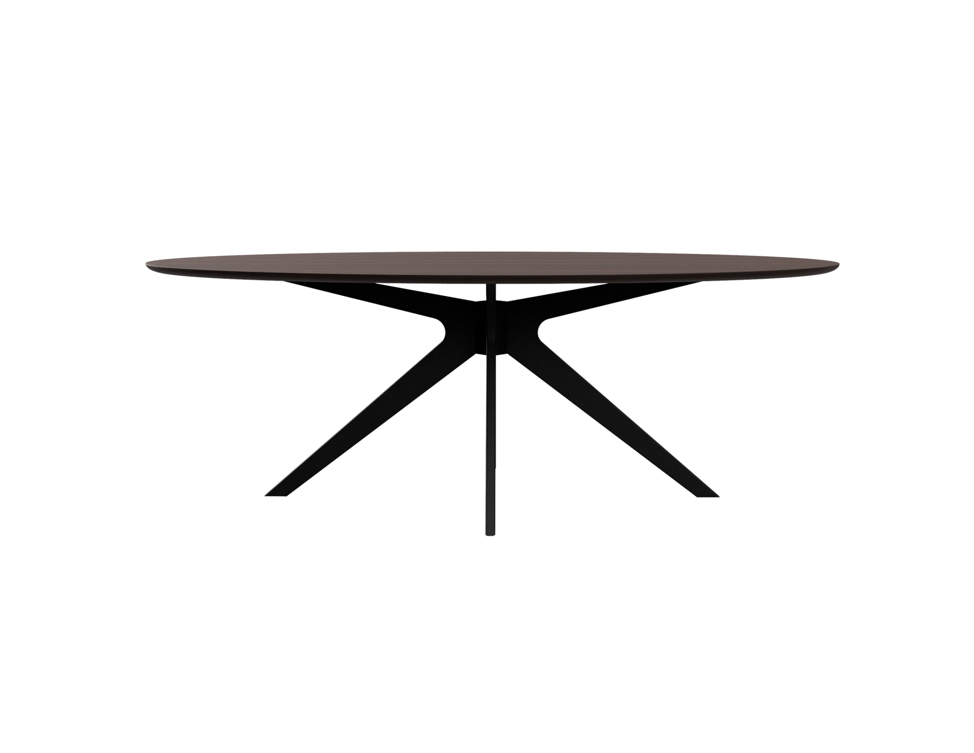 Oval walnut dining table with arched frame, showcasing a sleek wooden surface and sturdy curved legs for modern dining rooms.