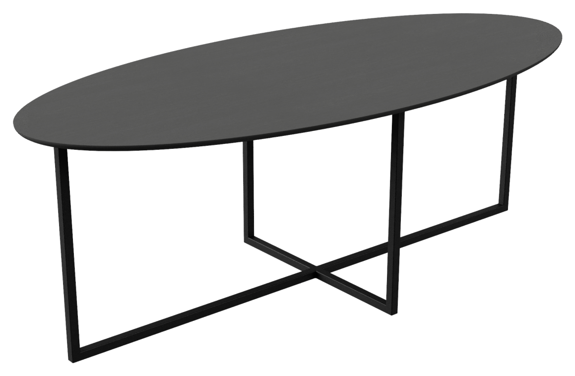 Oval walnut dining table with cross frame, featuring a sleek wooden surface and modern design for contemporary dining spaces.