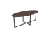 Oval walnut dining table with cross frame, showcasing a sleek wooden surface and sturdy design.