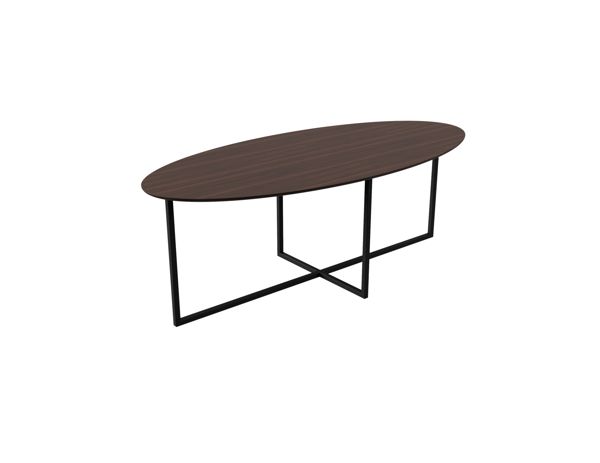 Oval walnut dining table with cross frame, showcasing a sleek wooden surface and sturdy design.