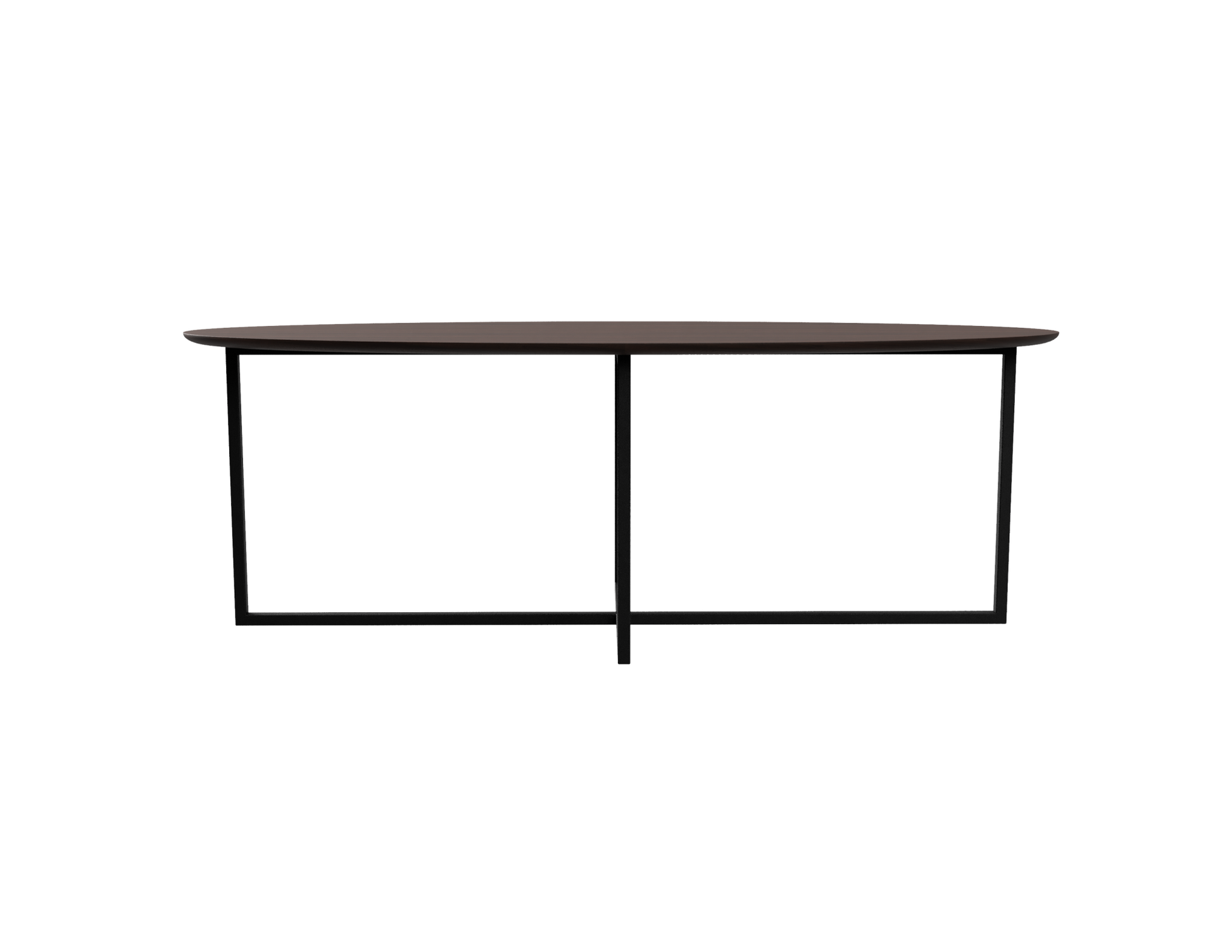Oval walnut dining table with a cross frame, showcasing a smooth wooden surface and sturdy design for elegant dining spaces.