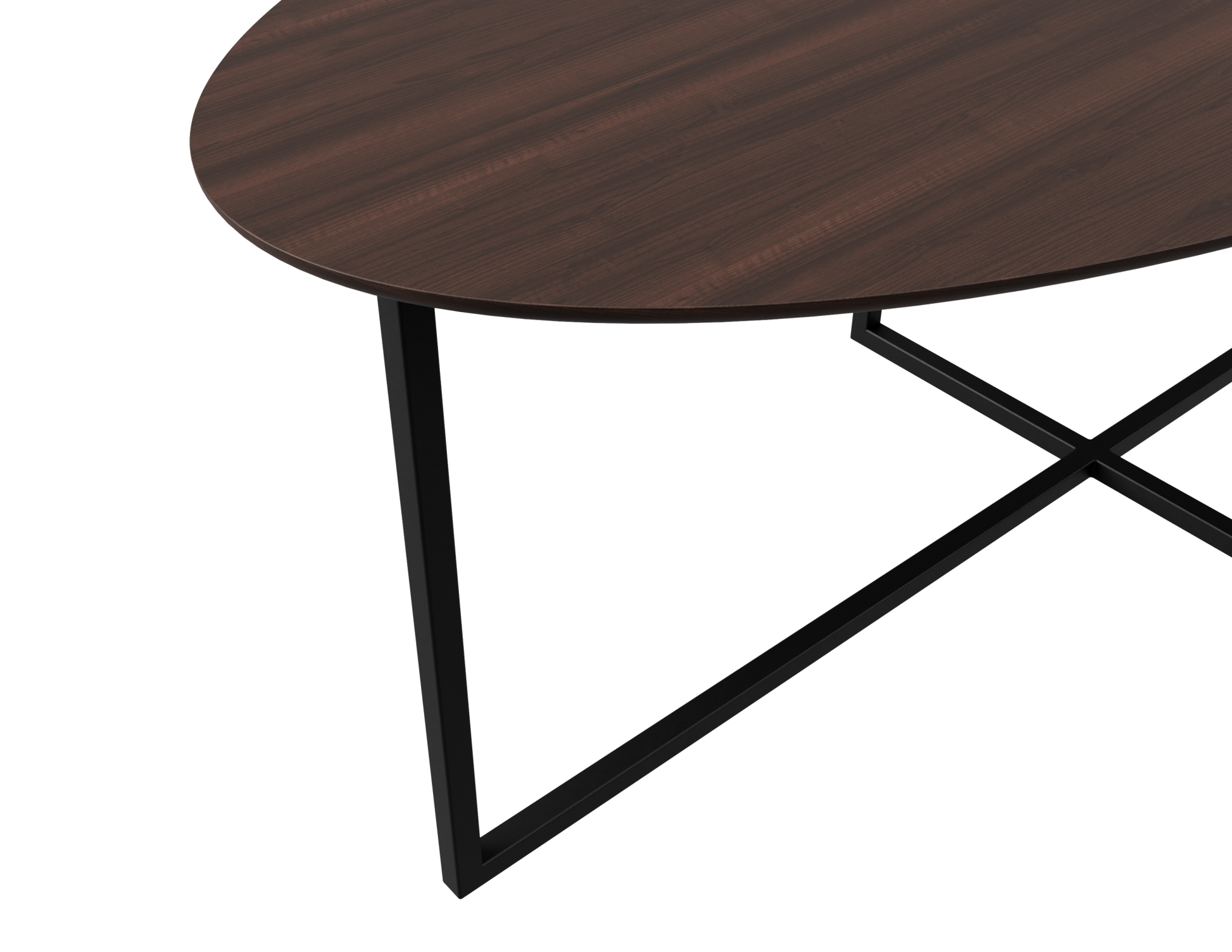 Oval walnut dining table with cross frame, showcasing a sleek wooden surface and modern design for dining spaces.