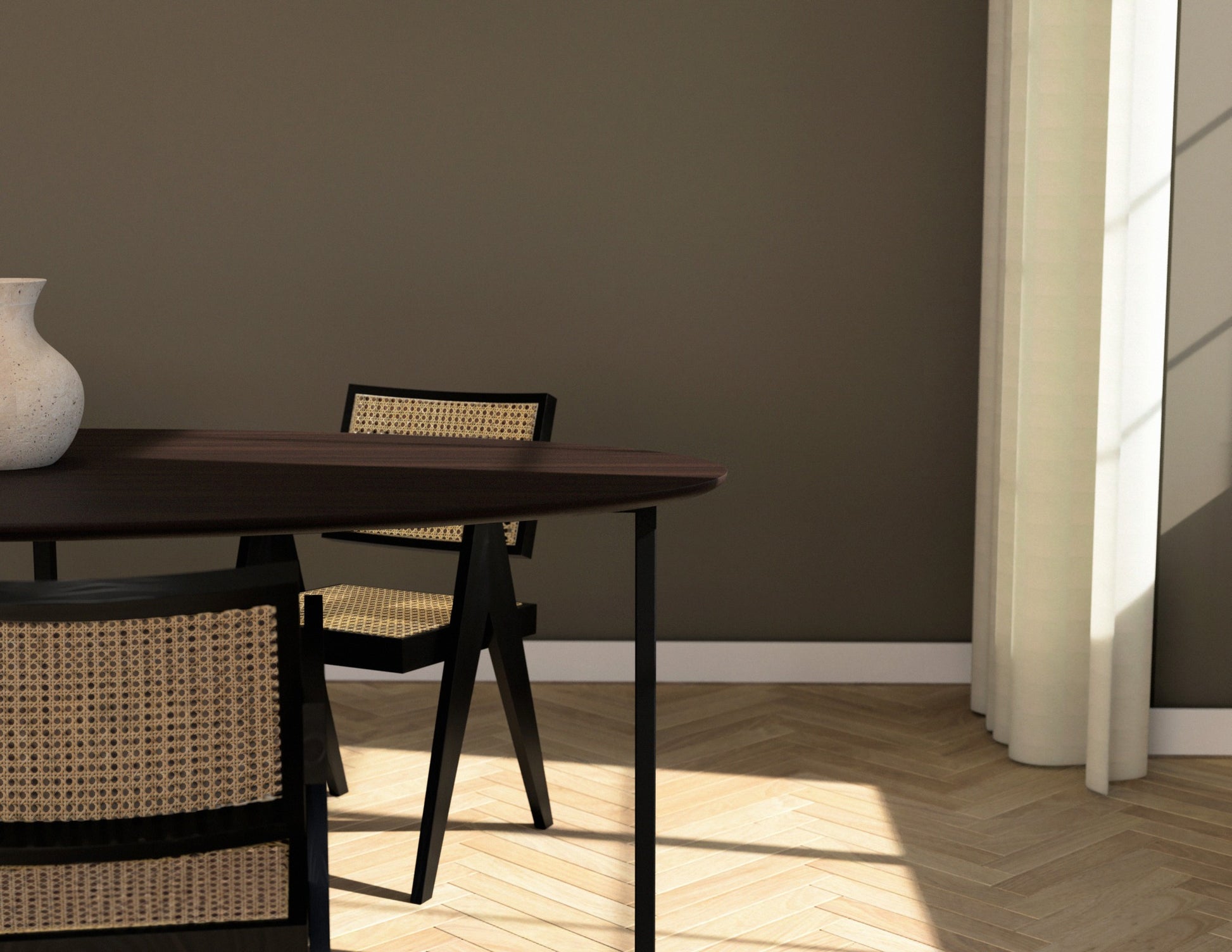 Oval walnut dining table with a cross frame design, featuring a sleek wooden surface and sturdy base for modern dining rooms.