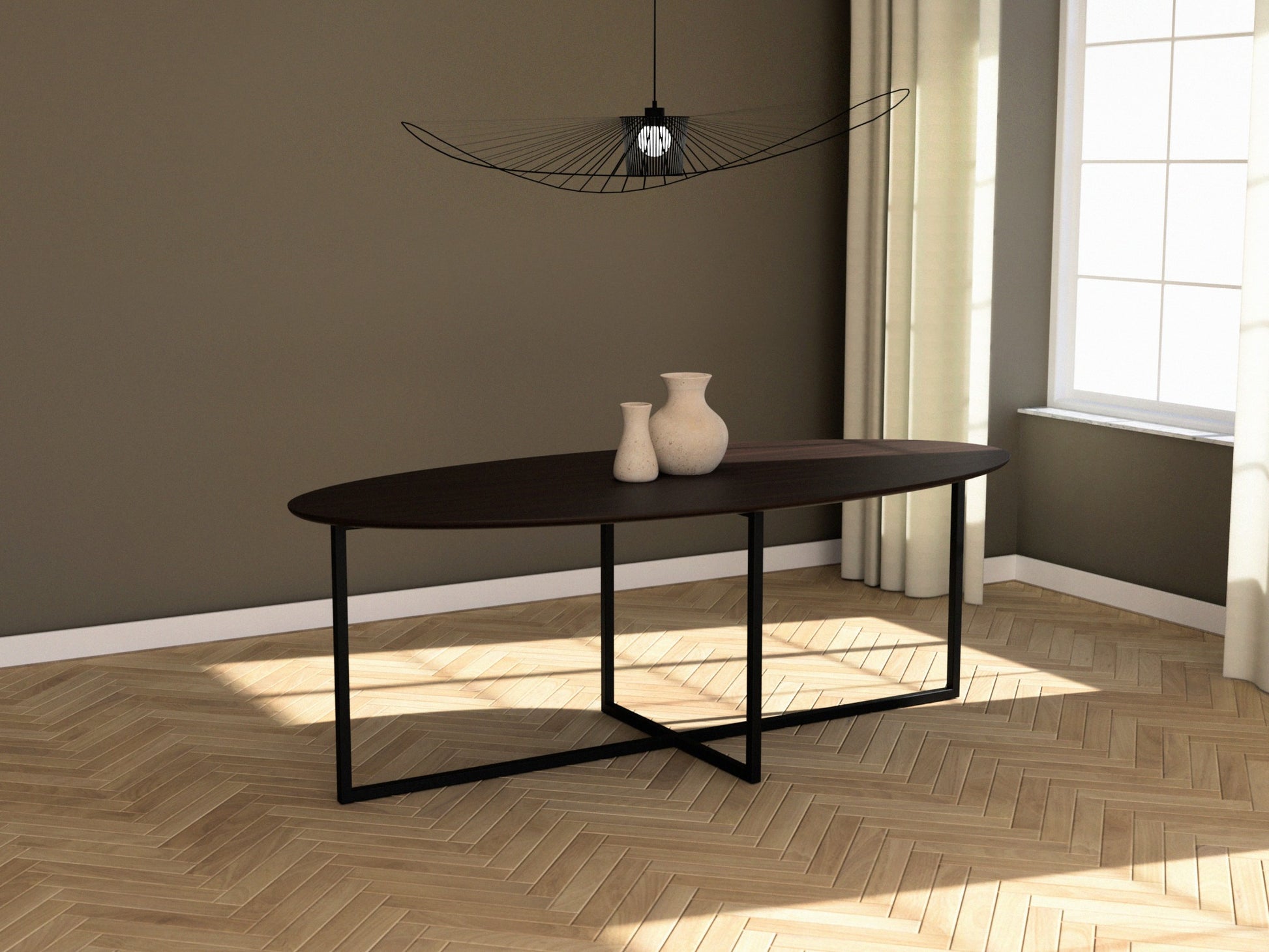 Oval walnut dining table with cross frame, showcasing a smooth, polished wood surface and sturdy modern design.