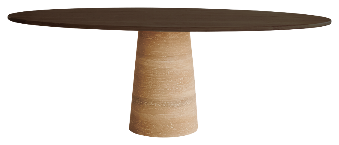 Flow dining table oval in smoked oak with travertin cylinder base, modern design, 180 x 90 cm, by My Store