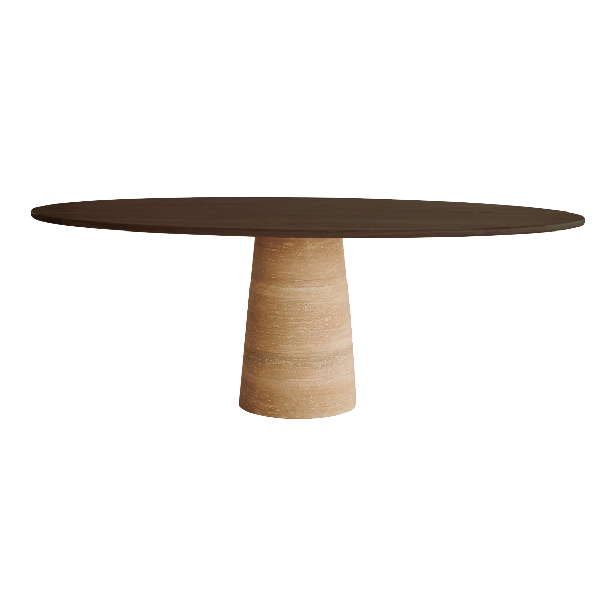 Flow dining table oval in smoked oak with travertine cylinder base, showcasing a sleek, modern design and smooth oval surface.