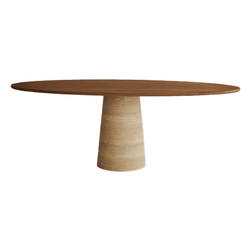 Oval Walnut FLOW dining table with travertine cylinder base, featuring a sleek modern design and smooth surface.