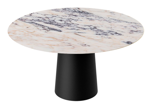 Flow round dining table by My Store with Amarante violet marble top and black cylindrical base, 110 cm diameter, matte finish.