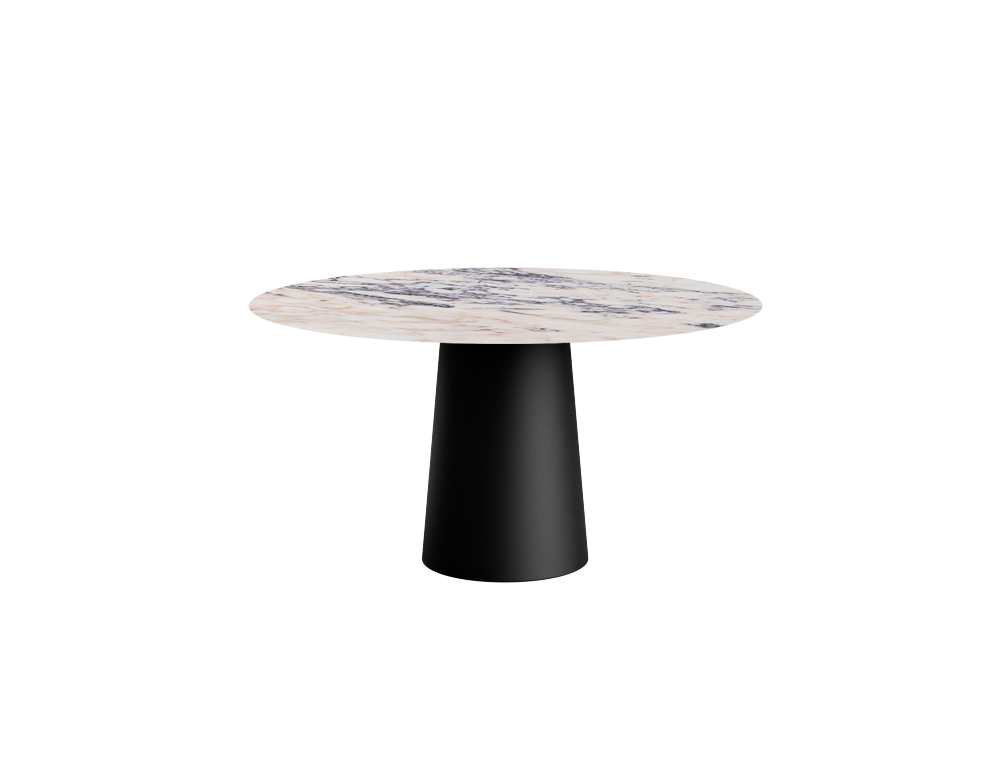 Flow round dining table with Amarante violet marble top and black cylindrical base, by My Store.