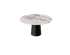 Flow round dining table with Amarante violet marble surface and black cylindrical base, modern design for contemporary dining spaces.