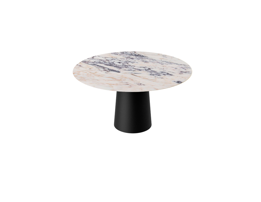 Flow round dining table with Amarante violet marble surface and black cylindrical base, modern design for contemporary dining spaces.