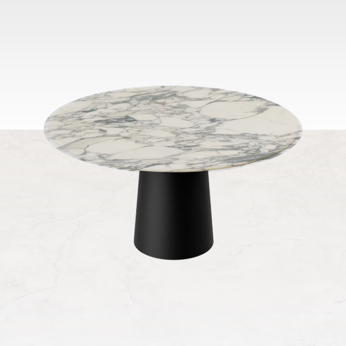 Flow round dining table with Arabescato marble top and black cylindrical base, modern design, from My Store.