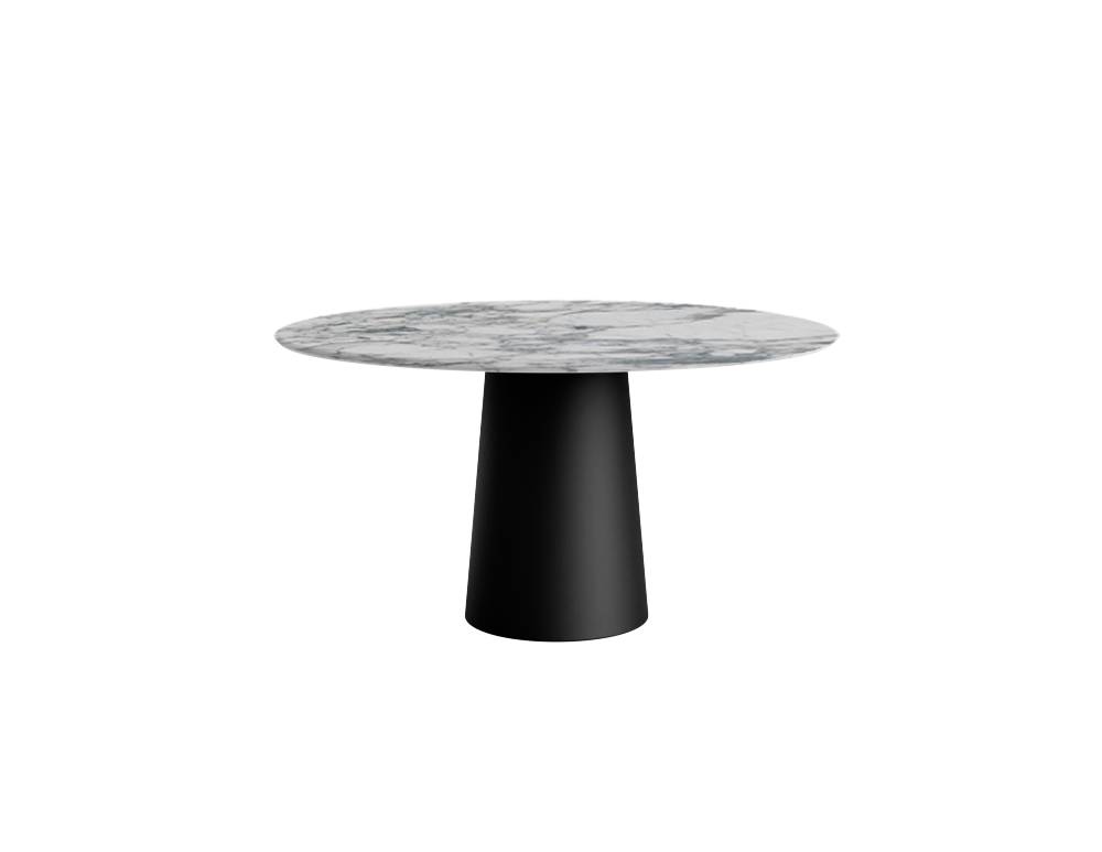 Flow round dining table with Arabescato marble surface and black cylindrical base, modern design for contemporary dining spaces.