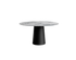 Flow round dining table with Arabescato marble surface and black cylindrical base, modern design for contemporary dining spaces.