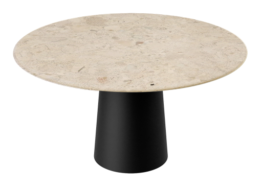 Flow round dining table with Crema Altea marble top and black cylindrical base, modern design for stylish dining spaces.