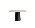 Black cylindrical base supporting a round Crema Altea marble dining table by My Store, with a sleek matte finish.