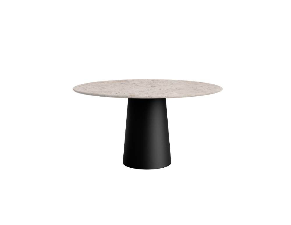Black cylindrical base supporting a round Crema Altea marble dining table by My Store, with a sleek matte finish.