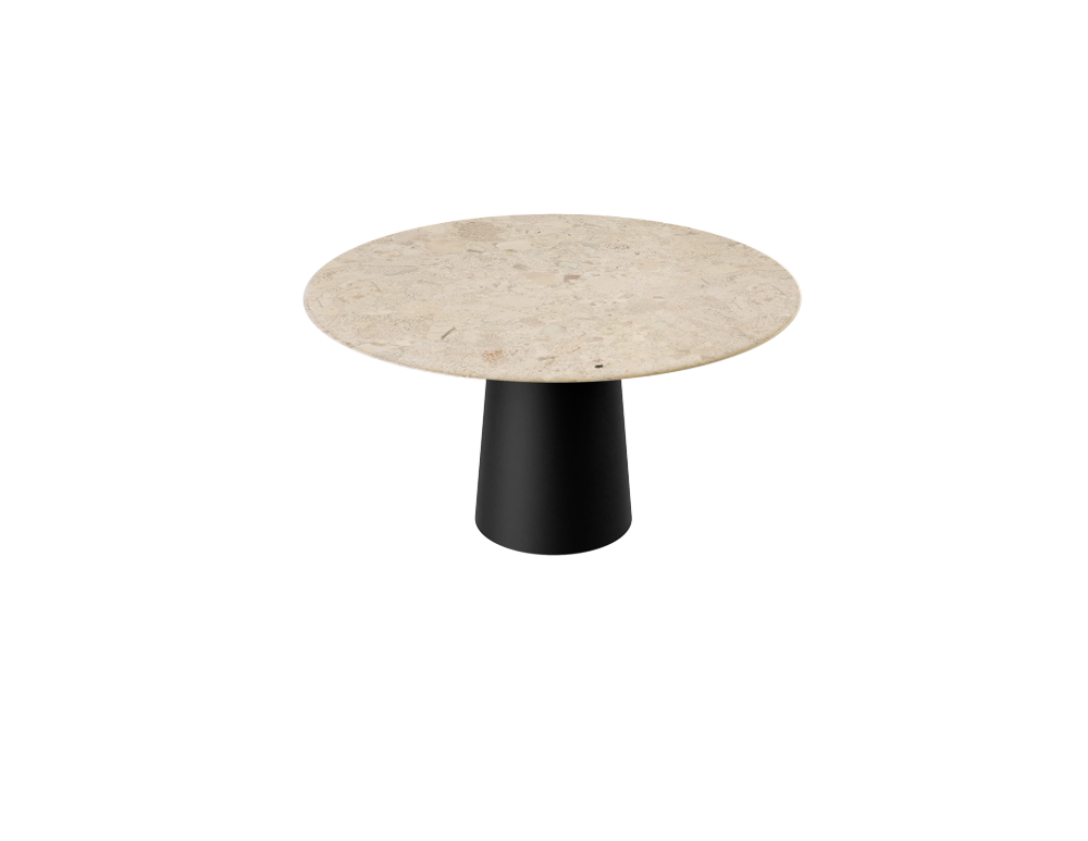 Flow round dining table with Crema Altea marble top and black cylindrical base, modern design by My Store.