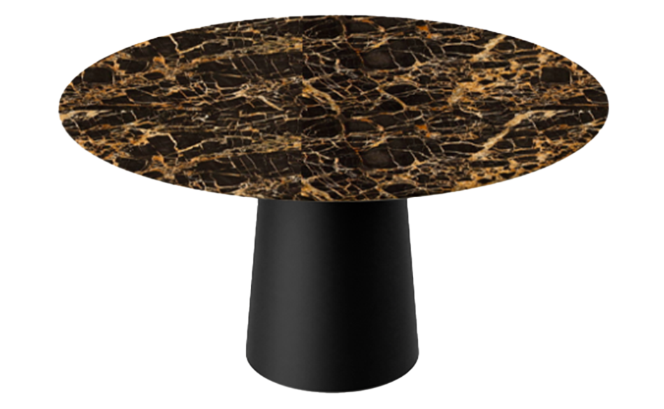 Round dining table with Portoro marble top and black cylindrical base, featuring a matte finish for modern elegance.