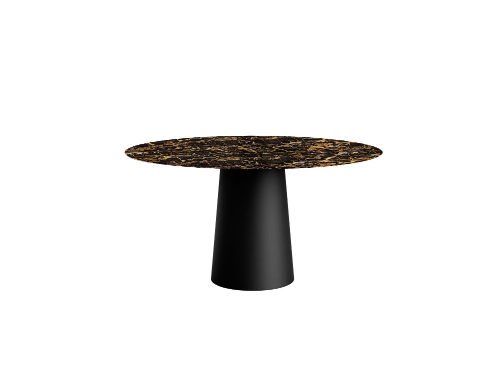 Flow round dining table with Portoro marble top and black cylindrical base, by My Store, featuring a sleek matte finish and modern design.