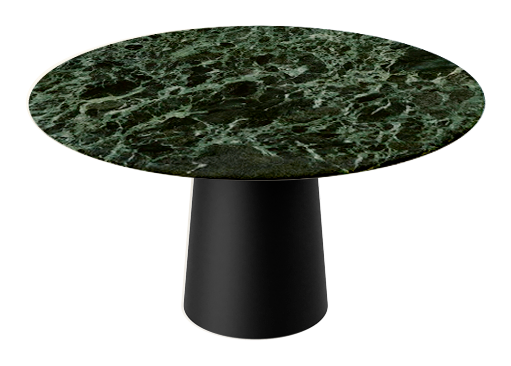 Flow round dining table with Verde Alpi marble top and black cylindrical base, modern design by My Store.