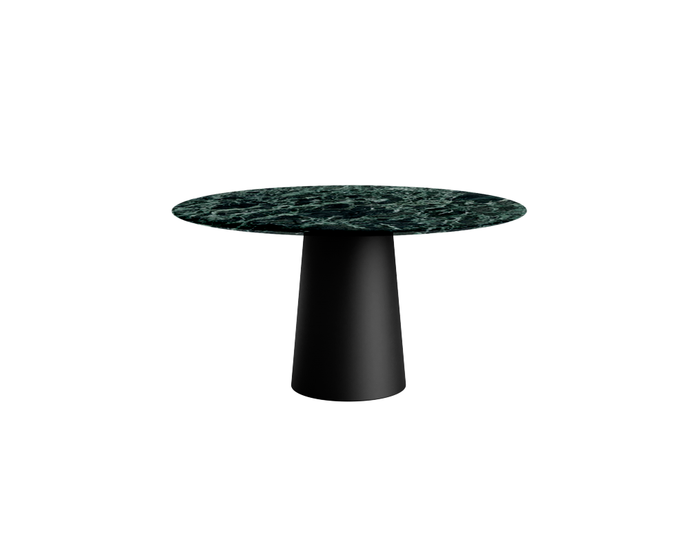 Flow round dining table with Verde Alpi marble top and black cylindrical base, modern design, by My Store.